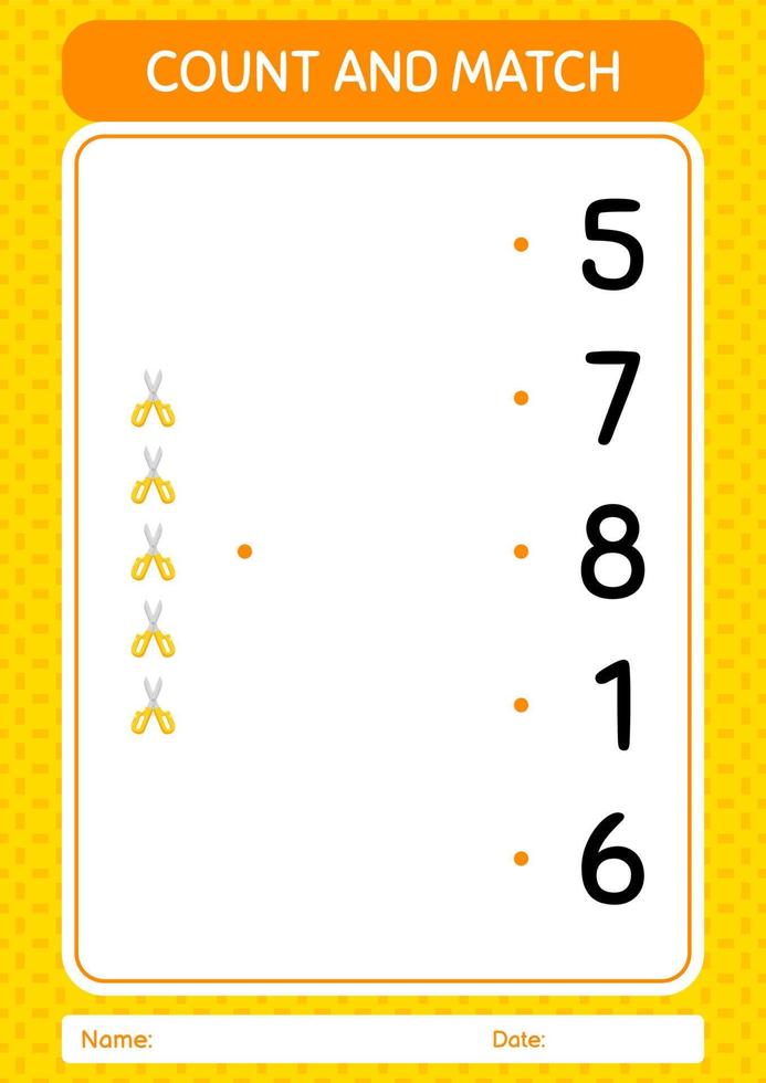 contar e combinar jogo com tesoura. planilha para crianças pré-escolares, folha de atividades para crianças vetor