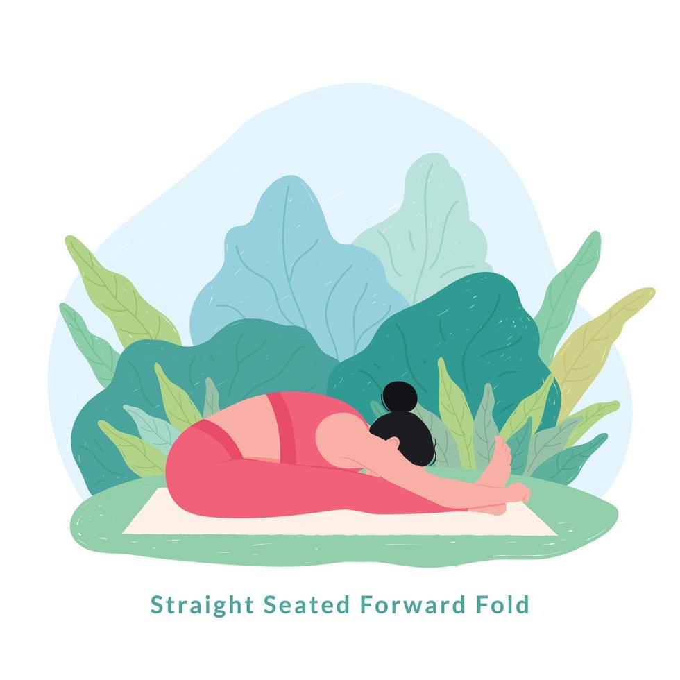 pose de ioga de dobra para a frente sentado em linha reta. jovem mulher fazendo ioga para a celebração do dia da ioga. vetor