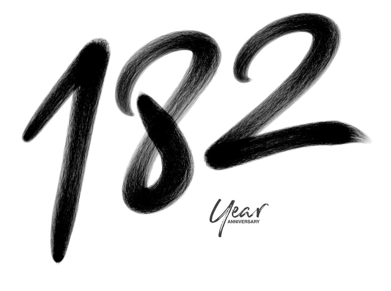 Modelo de vetor de comemoração de aniversário de 182 anos, design de logotipo de 182 números, aniversário de 182 anos, números de letras pretas desenho de pincel esboço desenhado à mão, ilustração vetorial de design de logotipo de número