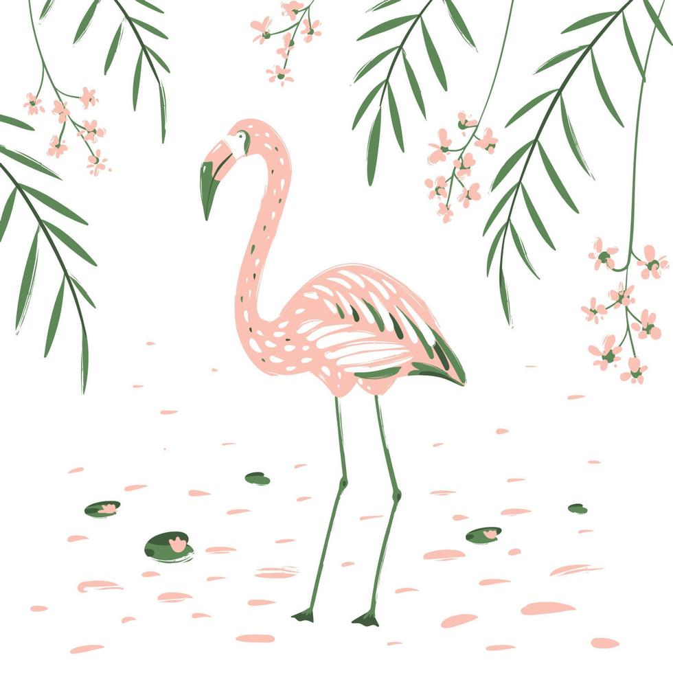 flamingo rosa no fundo de flores e folhas tropicais em estilo cartoon vetor
