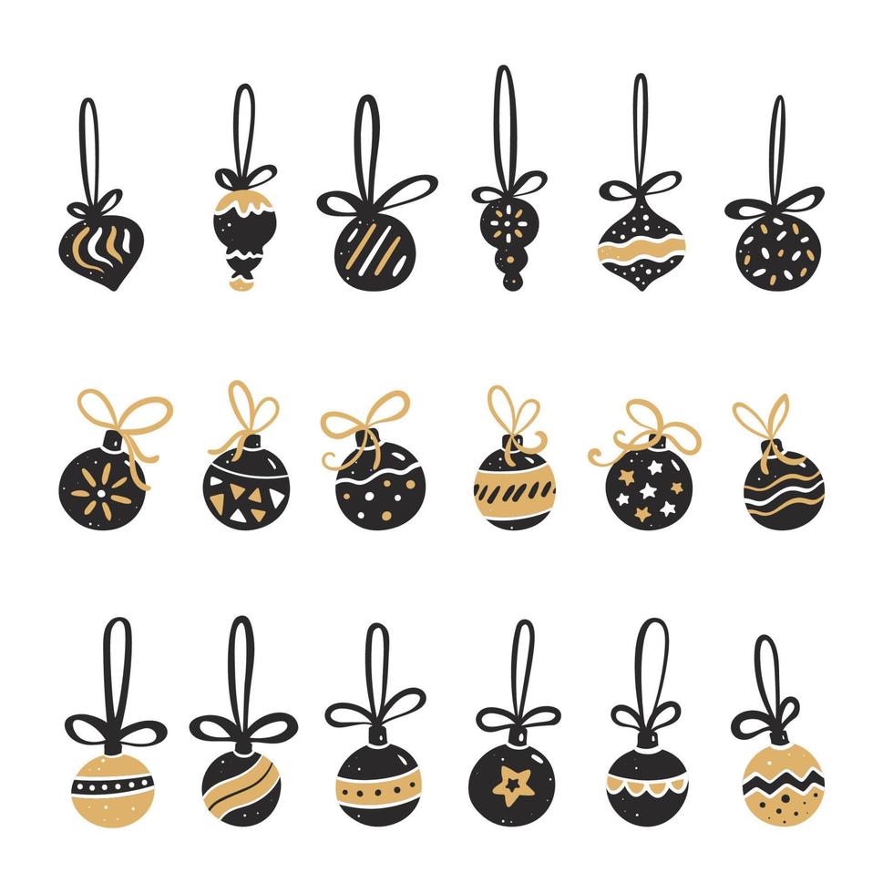 conjunto de bolas de natal em estilo preto e dourado vetor
