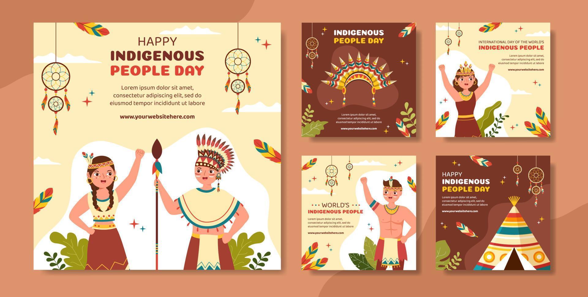 modelo de postagem de mídia social do dia mundial dos povos indígenas ilustração plana de desenho animado desenhado à mão vetor