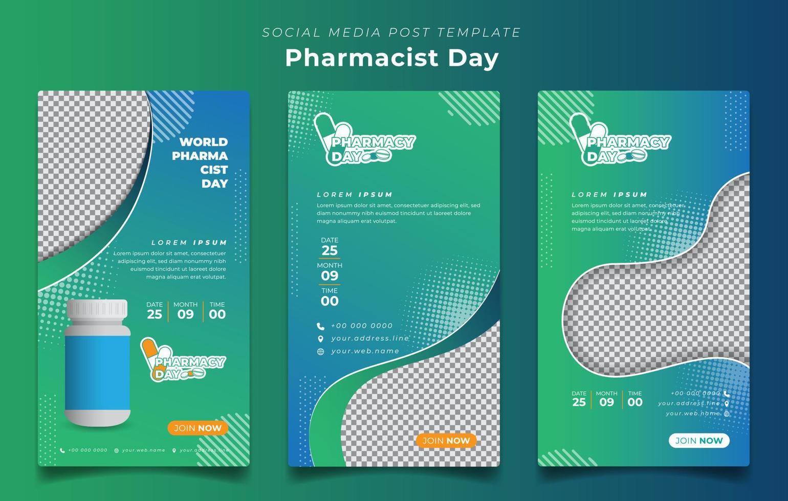 conjunto de modelo de mídia social em fundo verde e azul para o design da campanha do dia mundial do farmacêutico vetor