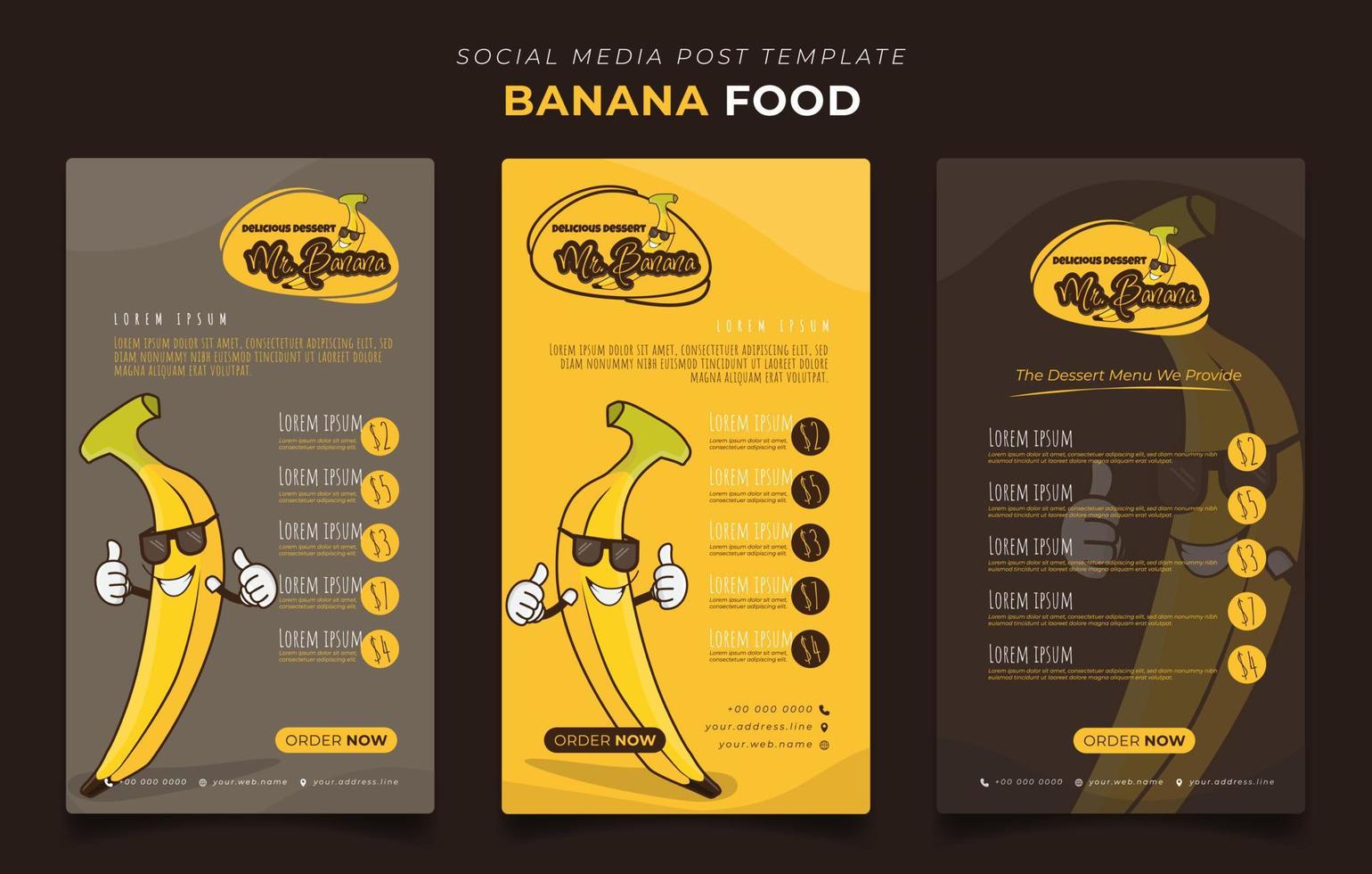 modelo de postagem de mídia social com banana sorridente usando óculos para design de anúncio de comida de banana vetor