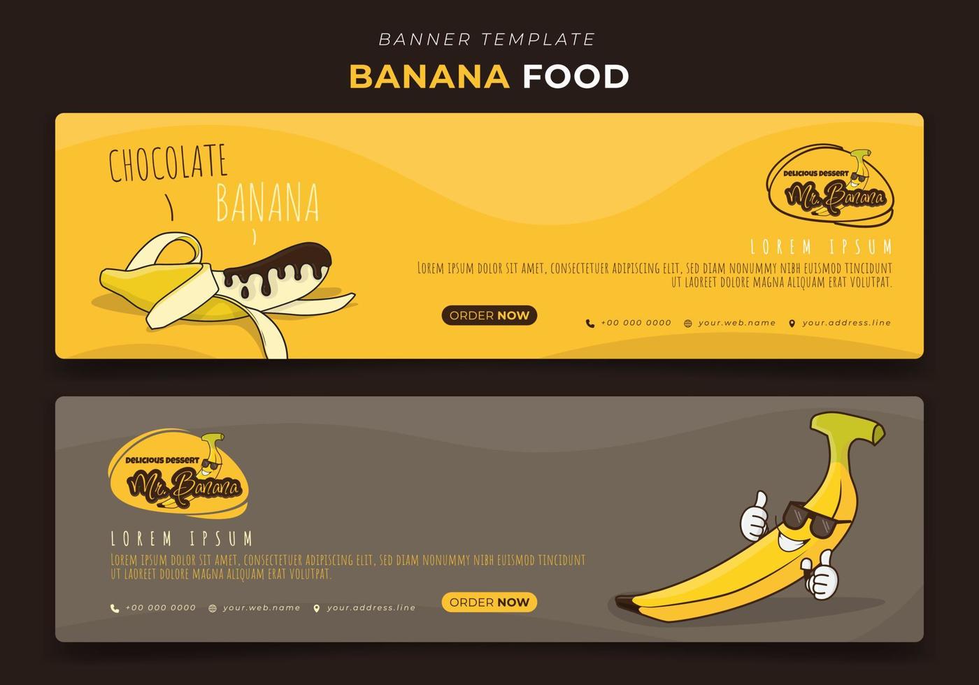 modelo de banner em design de paisagem com desenho de banana de desenho animado para design de publicidade de banana vetor