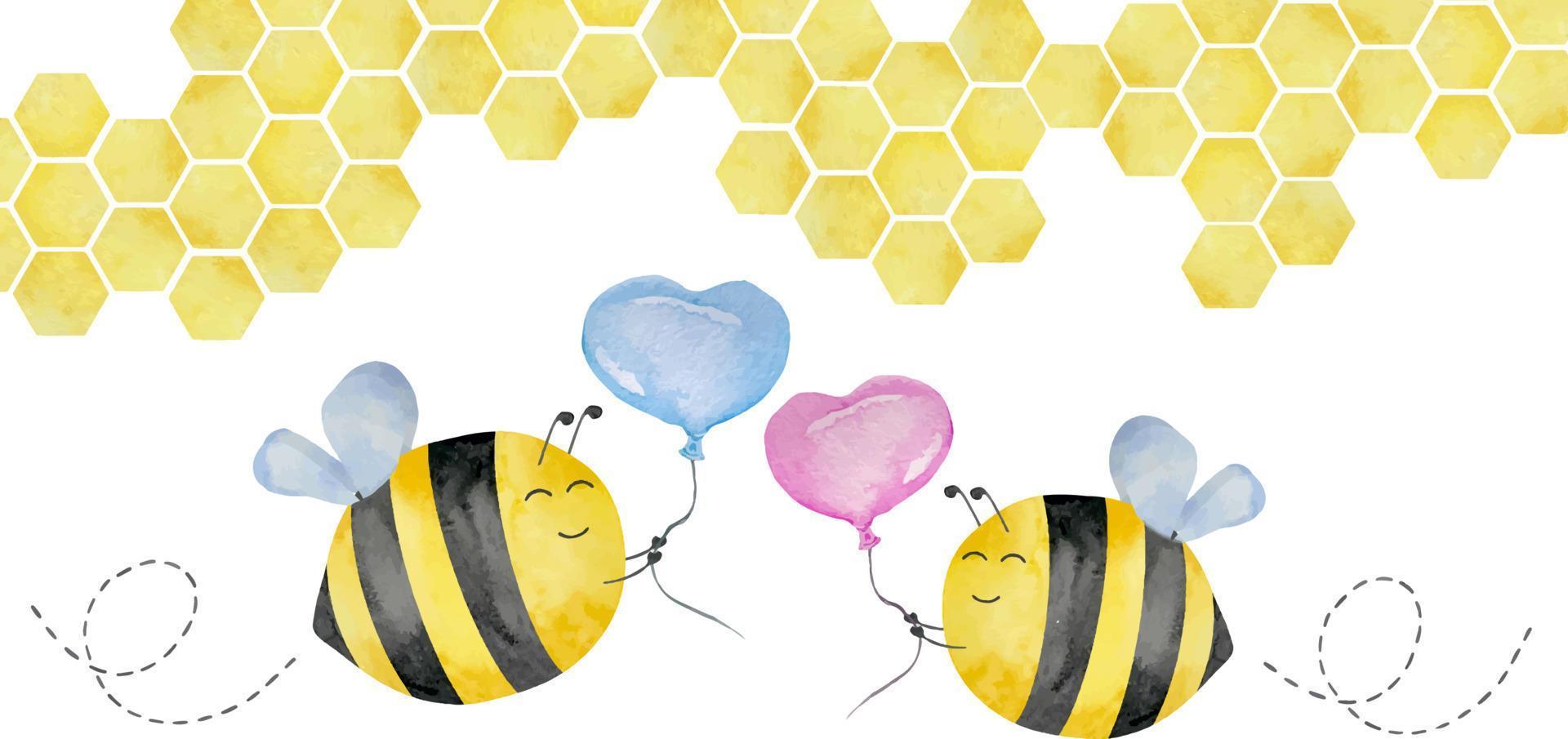 conjunto de abelhas fofas em aquarela com rota de voo, querida, tema de verão. festa de chá de bebê abelha menina e menino. design de mel para bebê. vetor