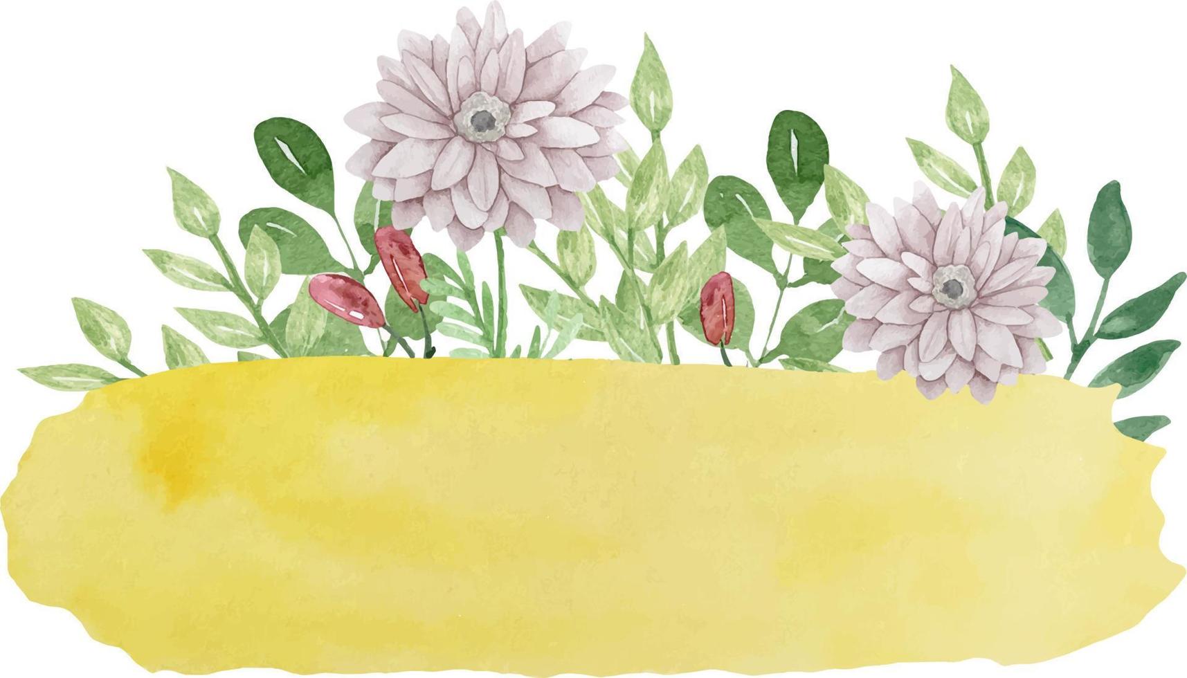 fundo amarelo aquarela com flores e folhas isoladas no fundo branco. vetor