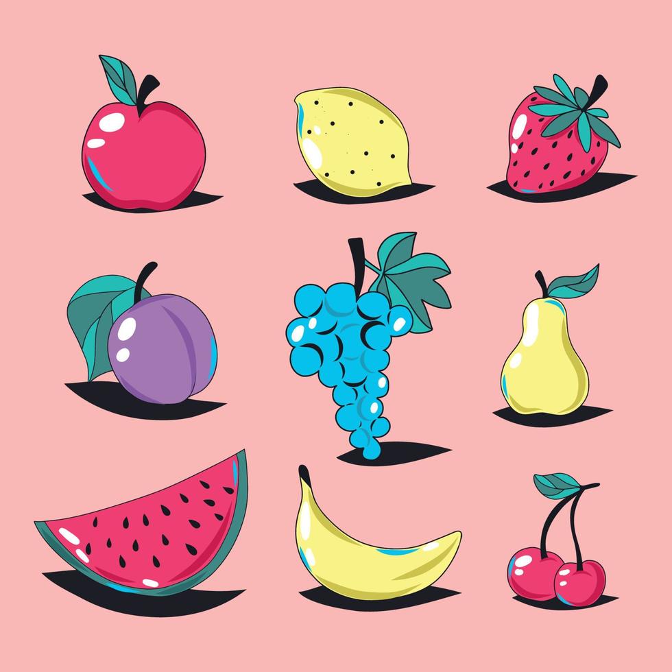 vector conjunto de ilustração suculenta e brilhante bagas de frutas adesivos suculentos ícones de rabiscos maçã pêra melancia cereja banana uva ameixa limão morango