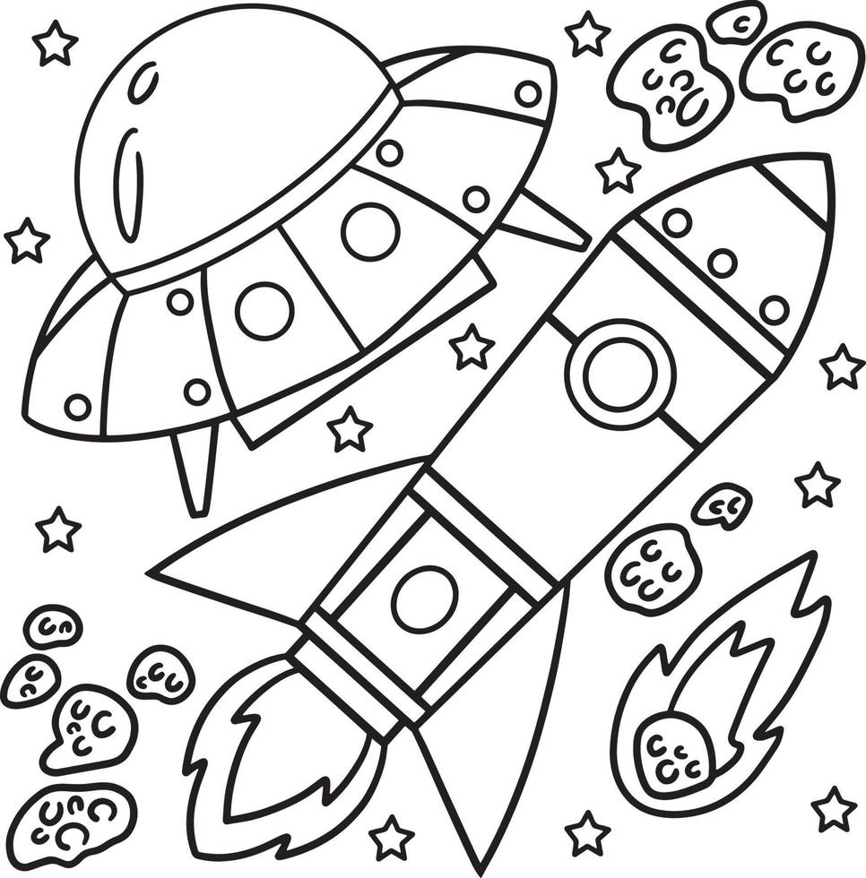 desenho de ufo e foguete no espaço para colorir vetor