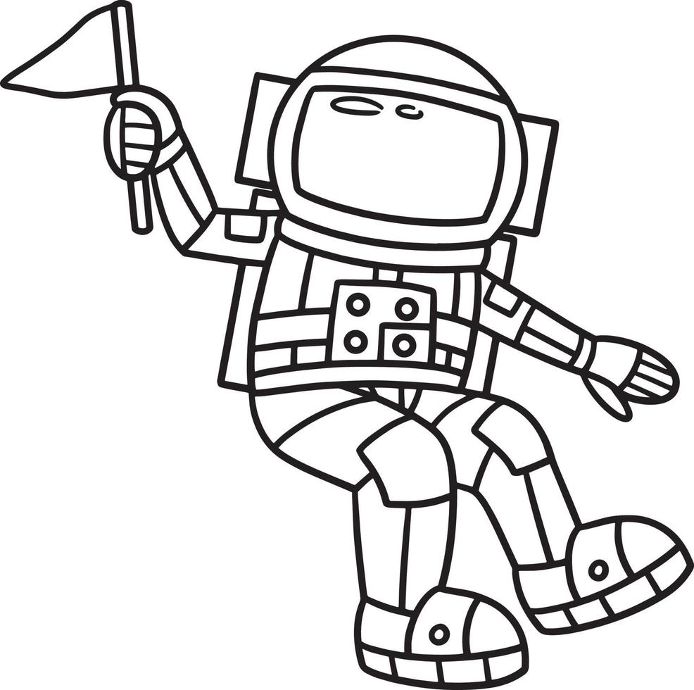 desenho de astronauta segurando uma bandeira isolada para colorir vetor