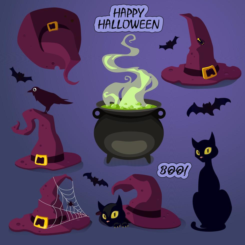 um conjunto de ilustrações vetoriais de chapéus de halloween. um chapéu de bruxa com uma aranha e uma aranha, um corvo, um vaga-lume, um gato preto, um tonel de poção, morcegos destacados em um fundo gradiente. vetor