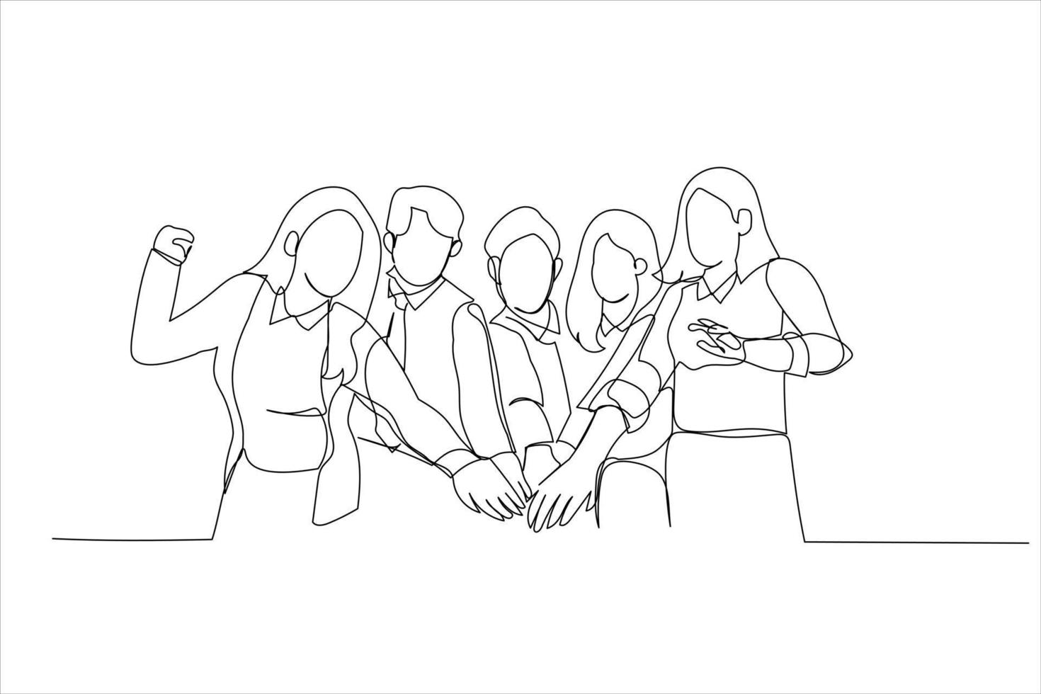 desenhos animados do grupo de diversas pessoas mãos juntas. estilo de arte de linha contínua única vetor
