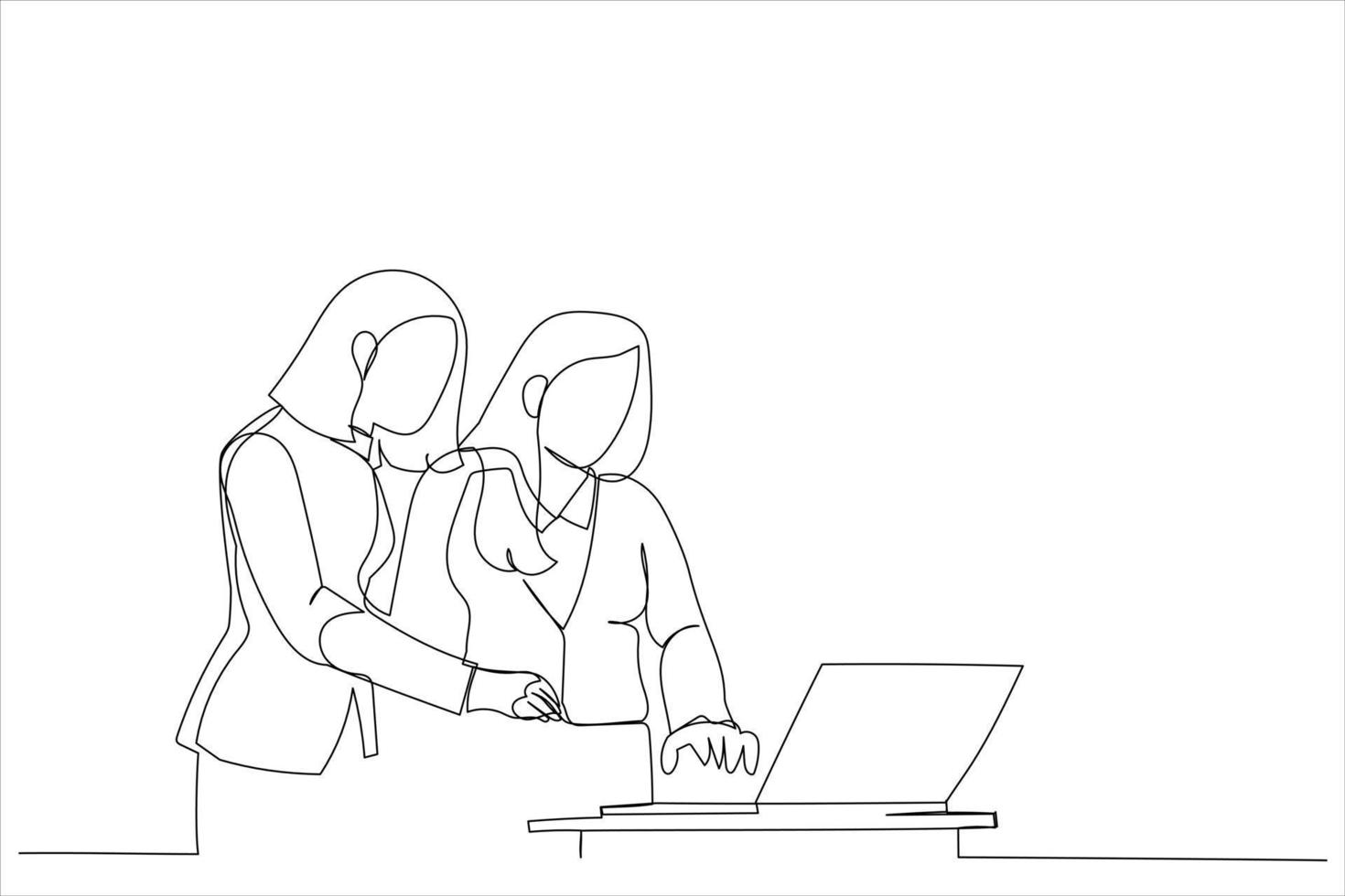 desenho de duas jovens mulheres de negócios focadas em pé perto da mesa, olhando para a tela do laptop, discutindo detalhes do projeto. arte de linha contínua única vetor