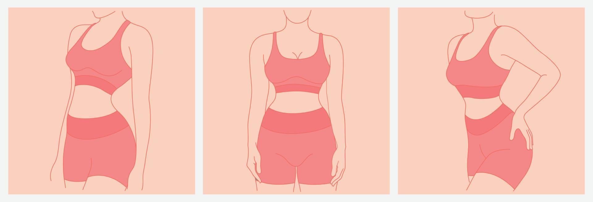 conjunto de ícones de fitness. conjunto de corpo jovem tonificado magro perfeito da menina. mulher esportiva em roupas esportivas, ícones de bunda de shorts vetor