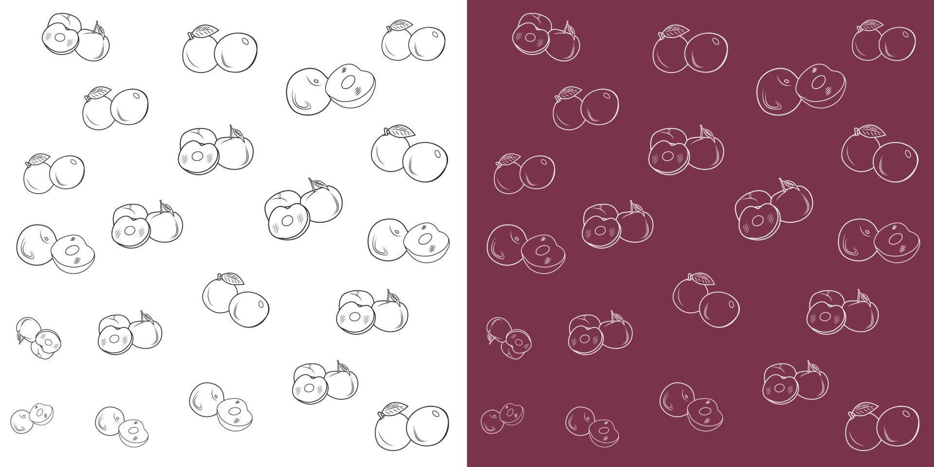 grupo de padrão de rabiscos de frutas de ameixa meia ameixa e uma fatia, isolado em um fundo branco e roxo vetor