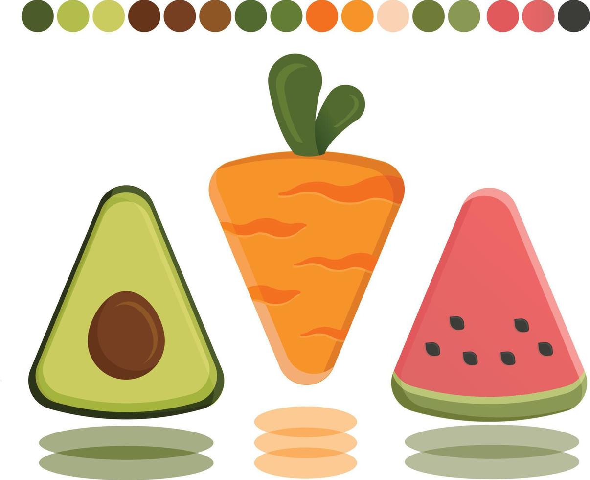 três ilustração de frutas triangulares, abacate, cenoura, dan morango dos desenhos animados. vetor