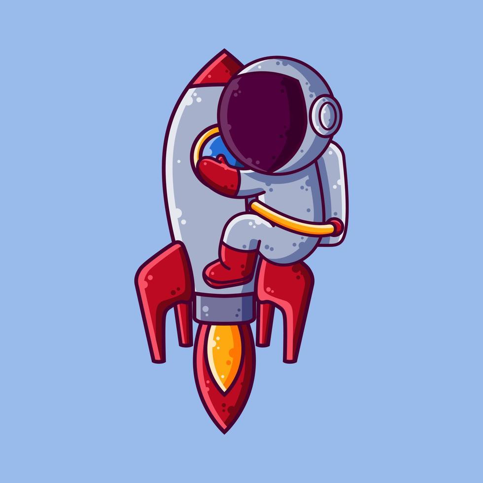 astronauta bonito abraça ilustração vetorial de desenho animado de foguete. ícone de estilo dos desenhos animados ou vetor de personagem mascote.
