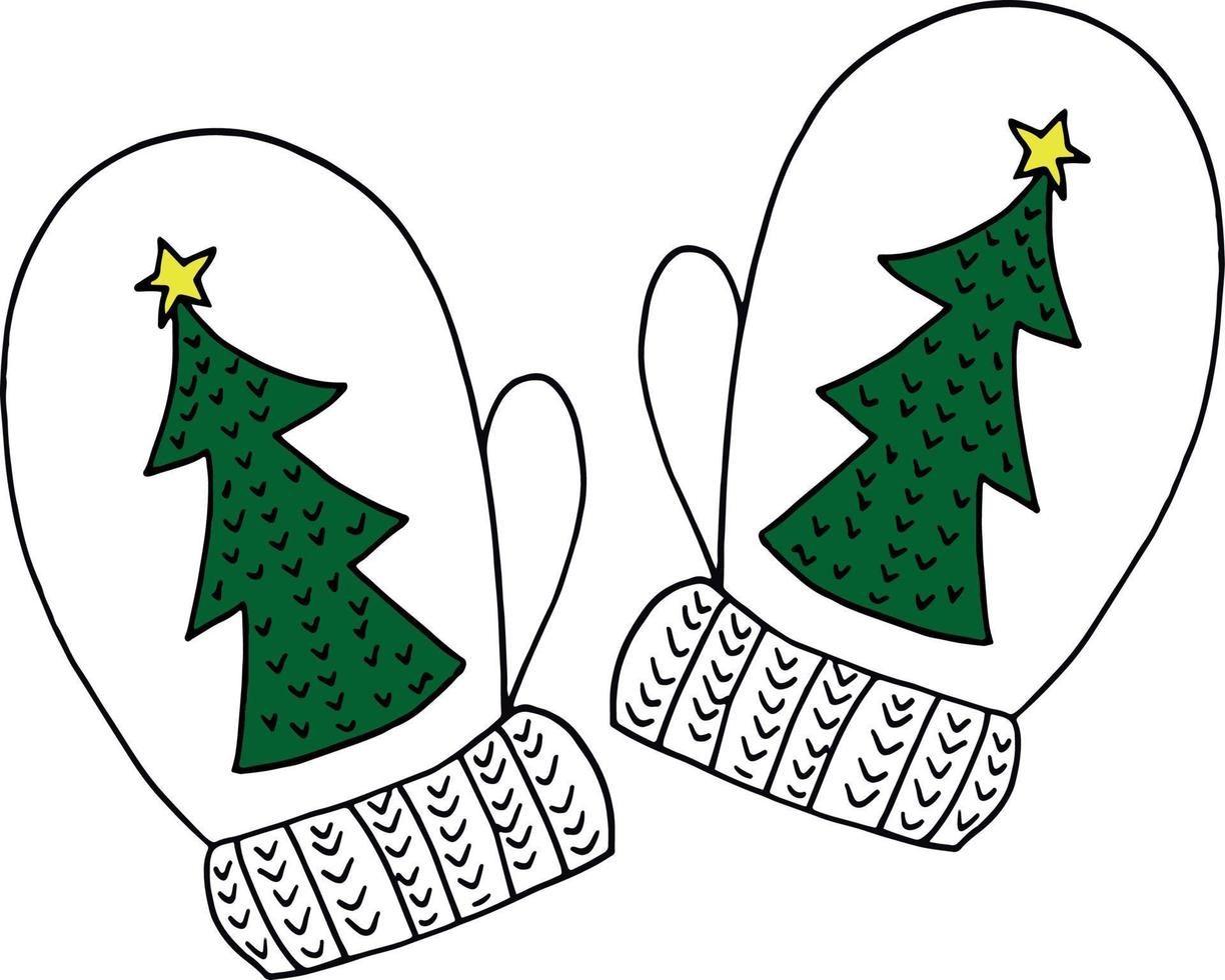 luvas com árvore de natal. ícone de doodle desenhado de mão. , escandinavo, nórdico, minimalismo. roupas de inverno par de malha quente dois vetor
