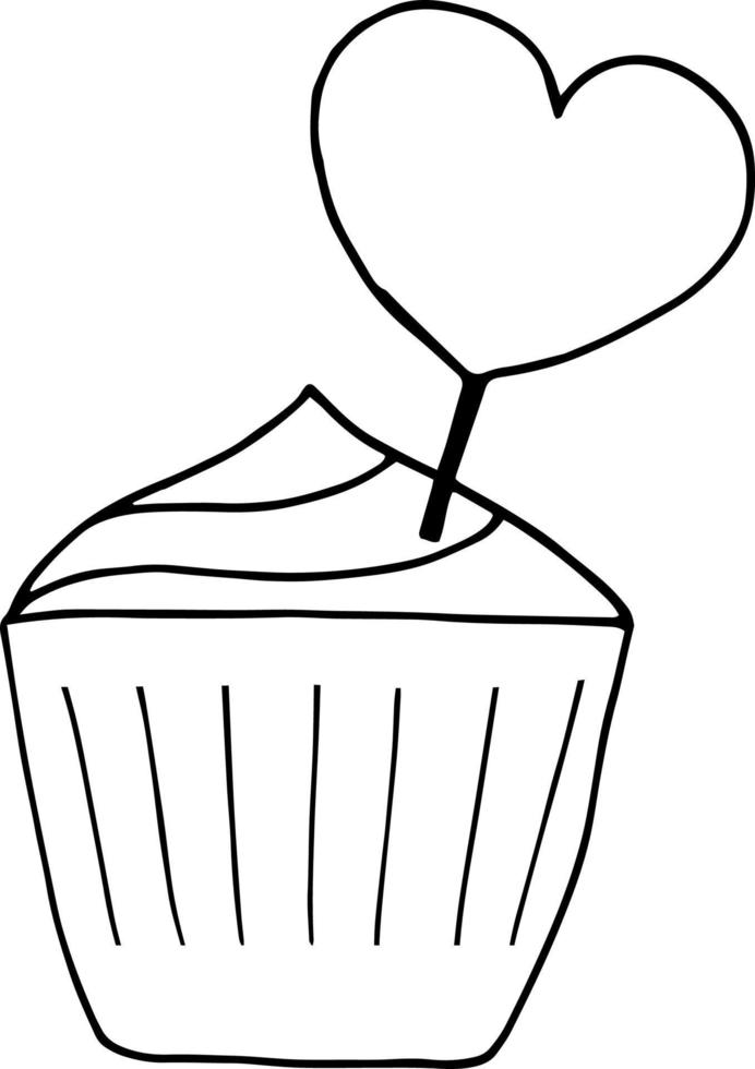 cupcake com ícone de coração. estilo doodle desenhado à mão. , minimalismo, monocromático, esboço. comida, doces, assados, feriado aniversário dia dos namorados amor casamento sobremesa vetor