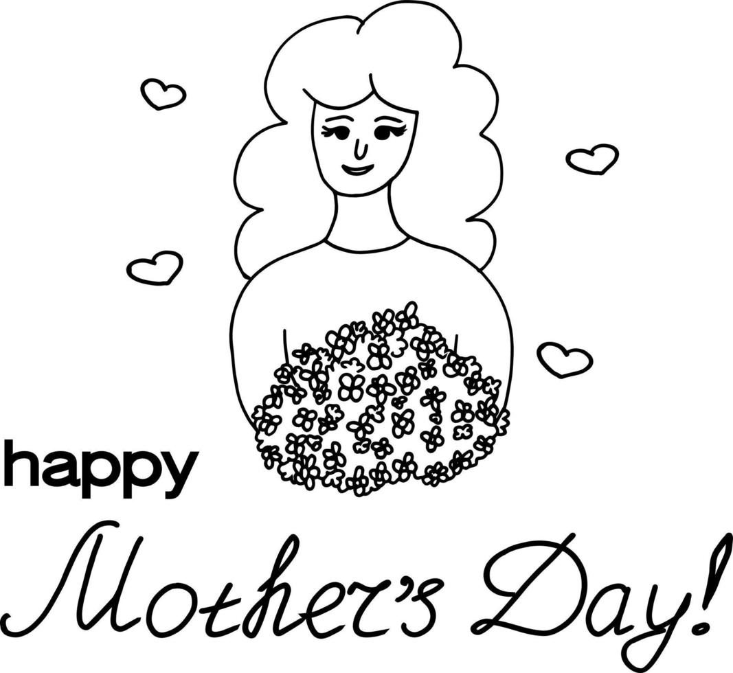 mulher com um buquê de flores. cartão modelo, pôster, banner com letras feliz dia das mães. estilo doodle desenhado à mão. , minimalismo, monocromático, esboço vetor