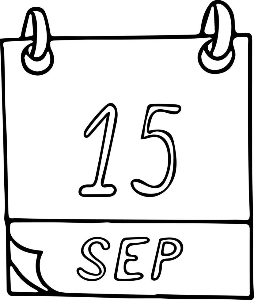 calendário desenhado à mão em estilo doodle. 15 de setembro. dia internacional da democracia, data. ícone, elemento de adesivo para design. planejamento, férias de negócios vetor