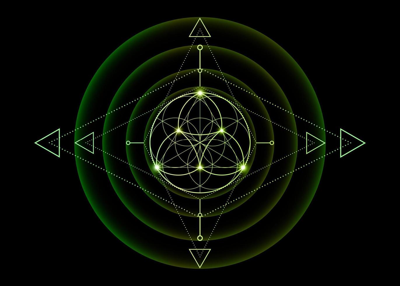 geometria sagrada, flor da vida, mandala de flor de lótus. símbolo de logotipo gradiente verde de harmonia e equilíbrio, ornamento geométrico brilhante, relaxamento de ioga, vetor isolado em fundo preto