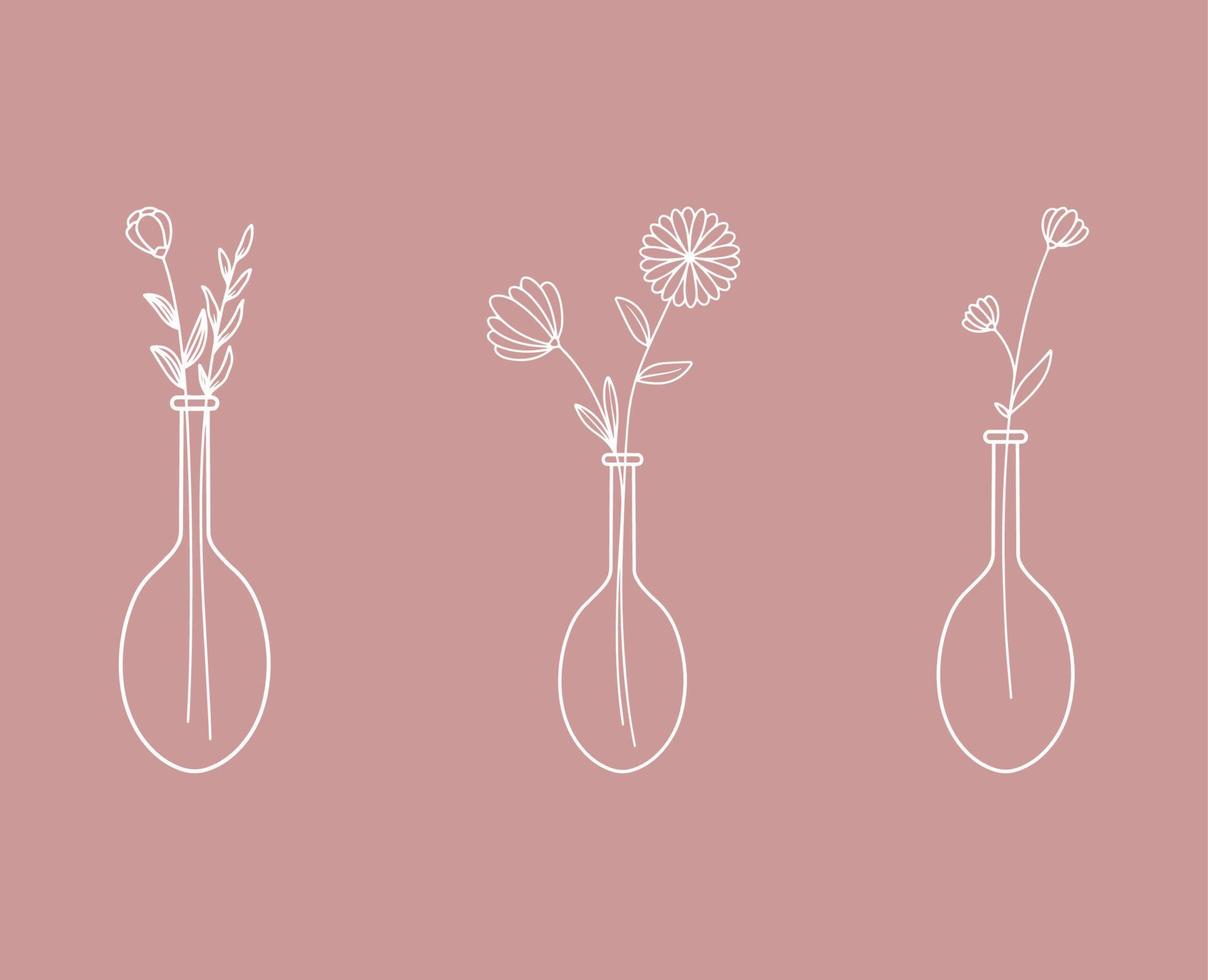 linha branca arte três flores com ilustrações de fundo rosa vetor
