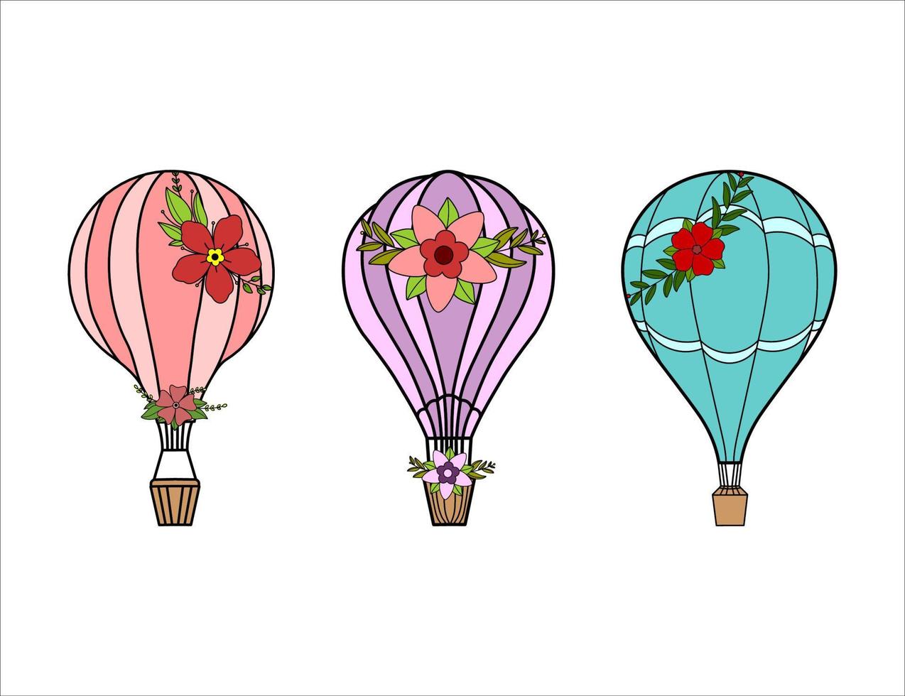 três balões de ar com ilustrações vetoriais de flores isoladas no fundo branco vetor
