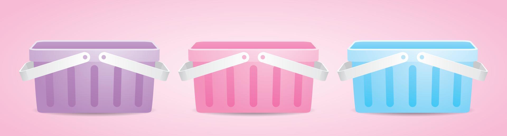 vista frontal do doce pastel roxo e rosa e azul cesta de compras vetor de ilustração 3d