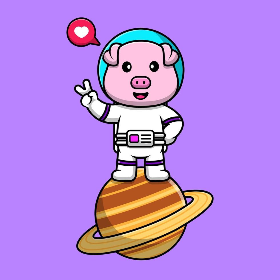 astronauta de porco bonito no planeta com ilustração de ícone de vetor de desenho de mão de paz. conceito de desenho animado plano