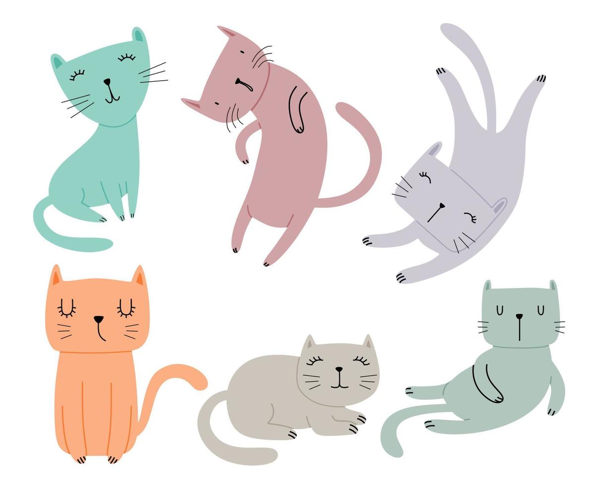 Grupo de gatos bonitos com cores diferentes do vetor dos desenhos animados  isolado caracteres