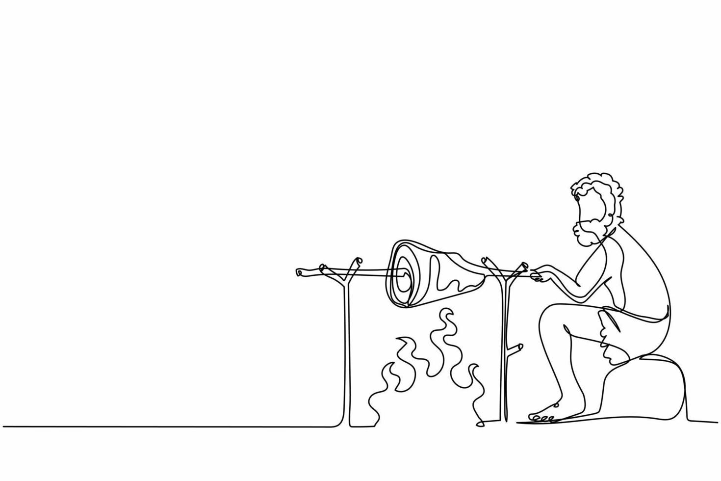 contínuo um desenho de linha homem da idade da pedra sentado, cozinhando comida de carne na fogueira. homem pré-histórico sentado, cozinhando carne na fogueira. humano antigo. ilustração gráfica de vetor de desenho de linha única