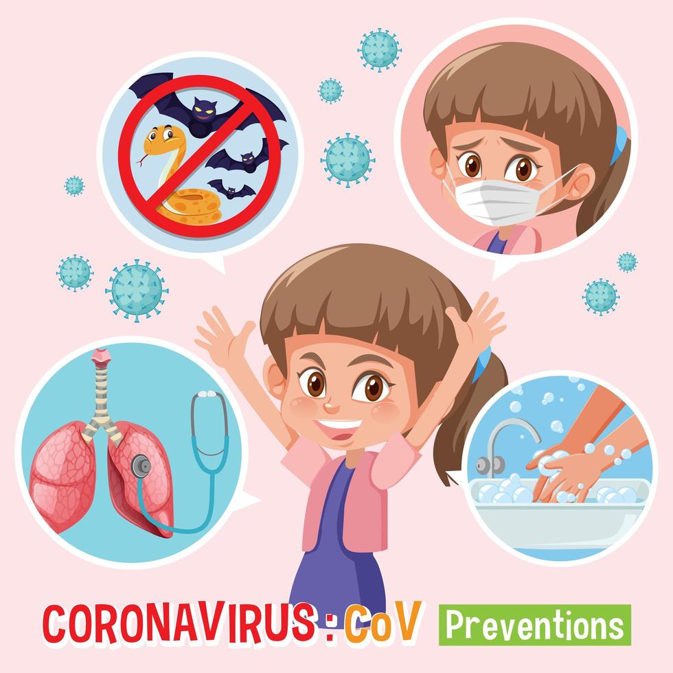 diagrama mostrando dicas de prevenção de meninas e coronavírus vetor