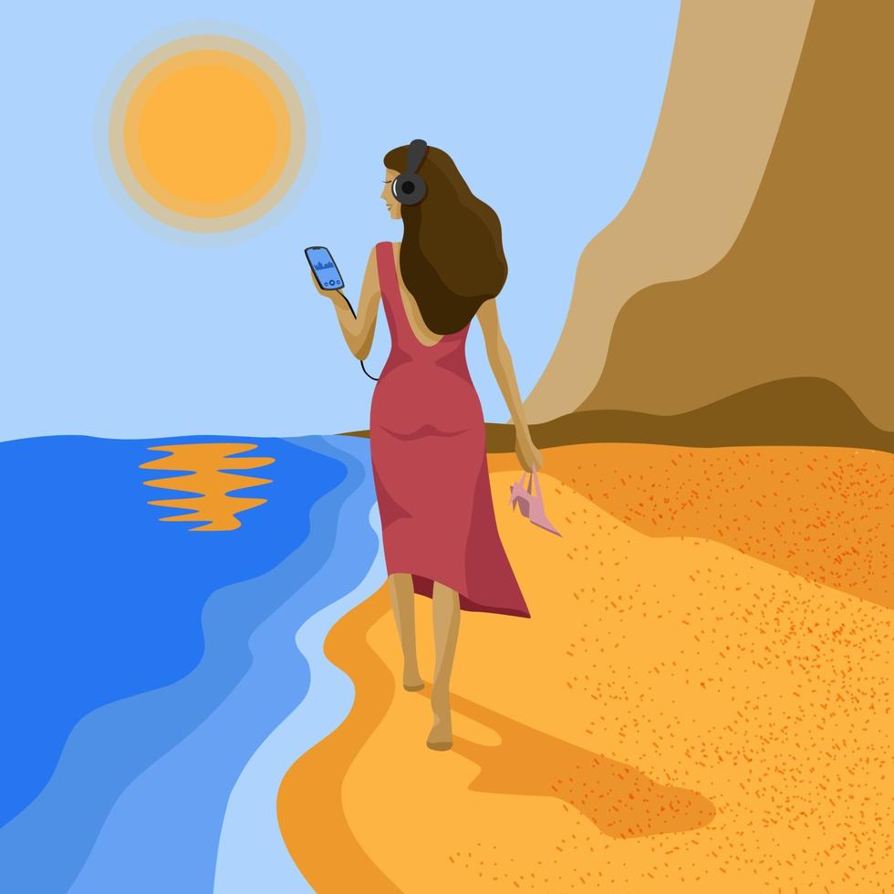 menina descalça vista traseira, mulher caminha ao longo da praia em fones de ouvido com telefone e sapatos nas mãos, senhora lisens audiobook na praia, fundo abstrato à beira-mar montanhas mar areia vetor