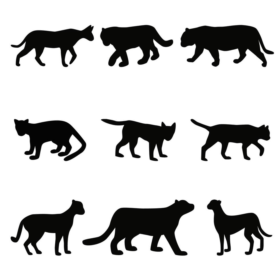 coleção de silhuetas negras de família de gatos, formas simples de felinos definir ilustração vetorial vetor