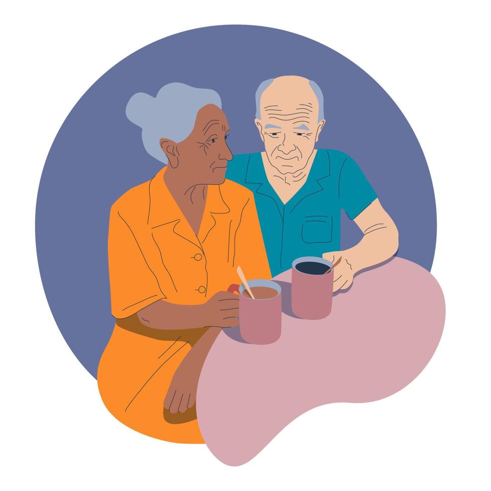 casal sênior sentado perto da mesa, homem careca e idosa bebendo chá e café, pessoas em anos passando tempo juntos ilustração do vetor