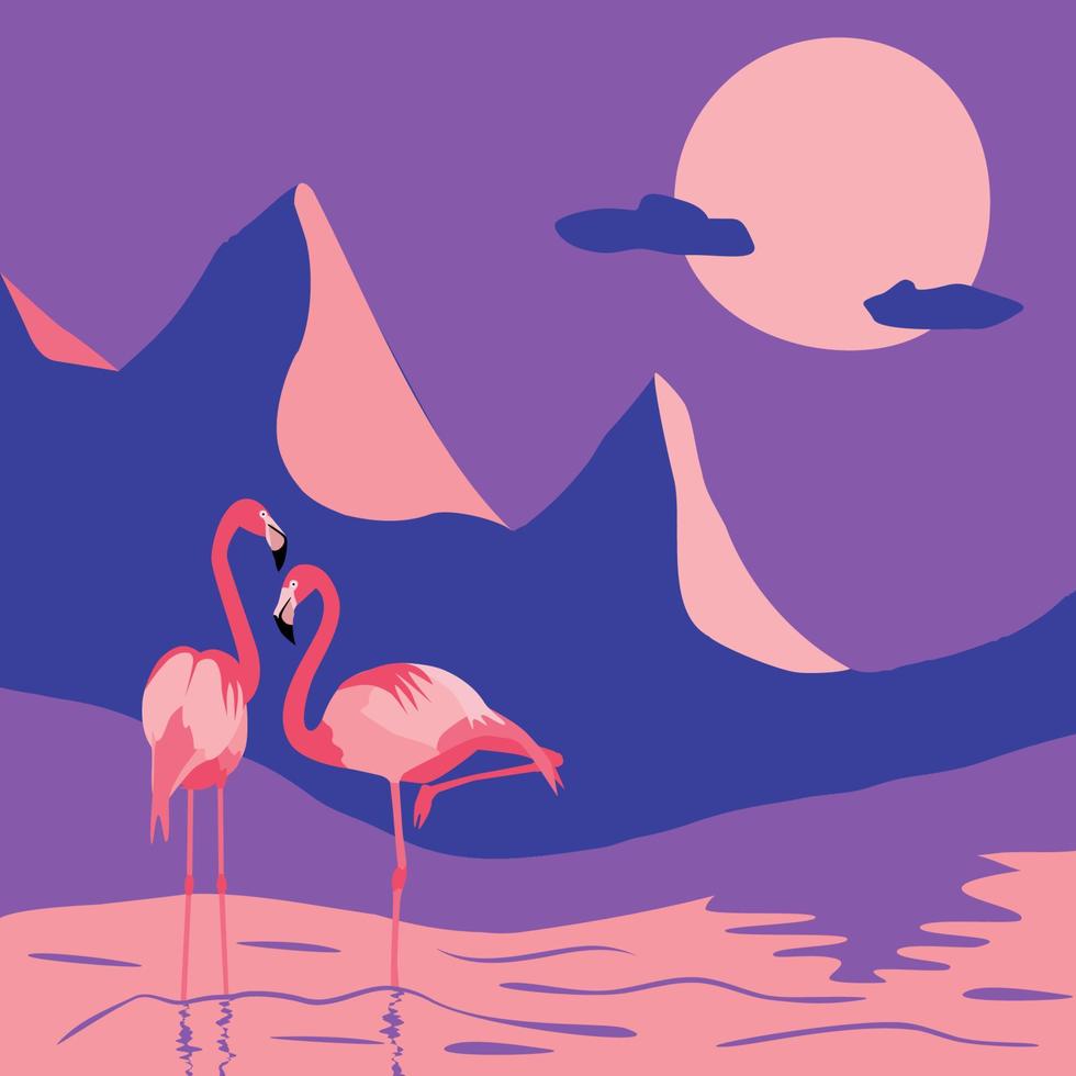 casal de pássaros flamingo na ilustração vetorial de paisagem abstrata à noite vetor