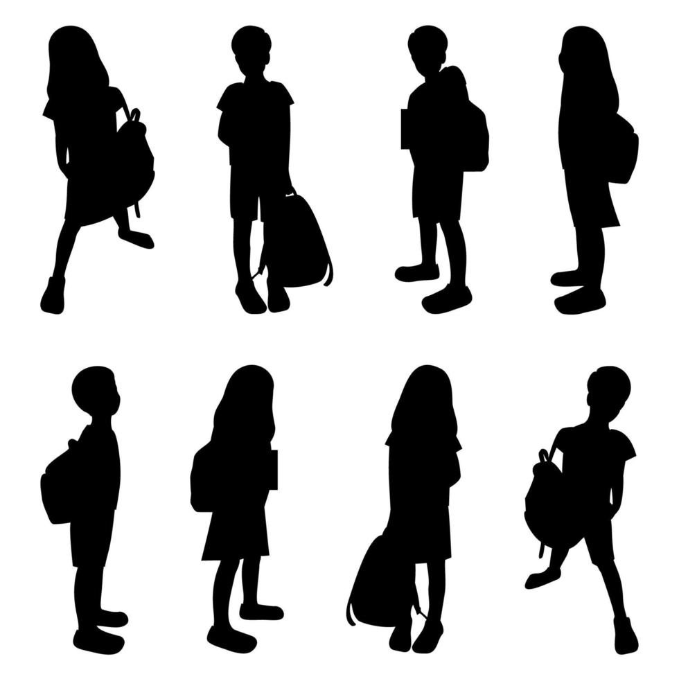 crianças com conjunto de silhuetas pretas de mochilas, crianças escolinhas isoladas, alunos meninos e meninas em diferentes poses com sacos, volta à ilustração vetorial de escola. vetor