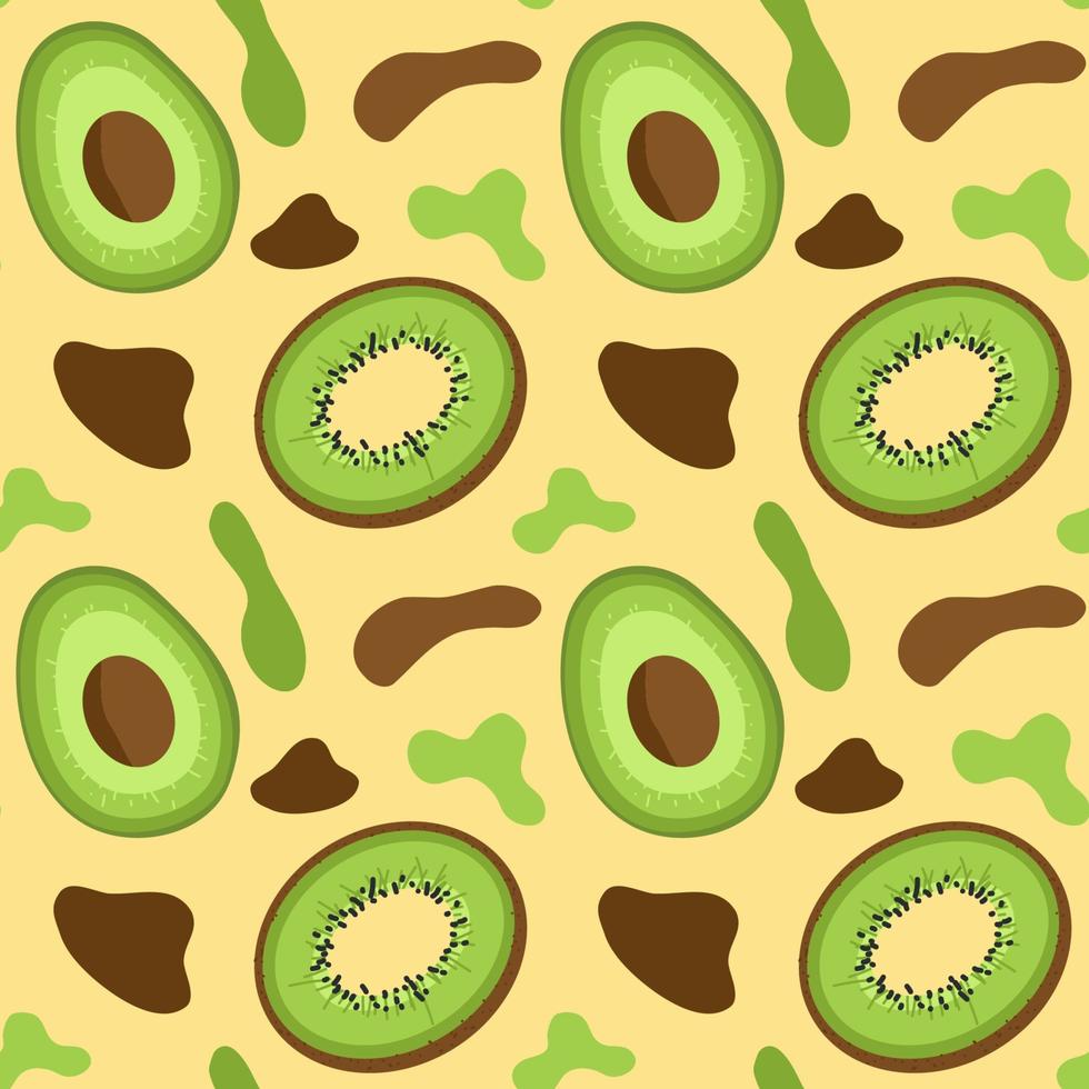 frutas de kiwi de abacate e padrão sem emenda de formas orgânicas abstratas, ilustrações de abacate e kiwi meio fatiado vetor