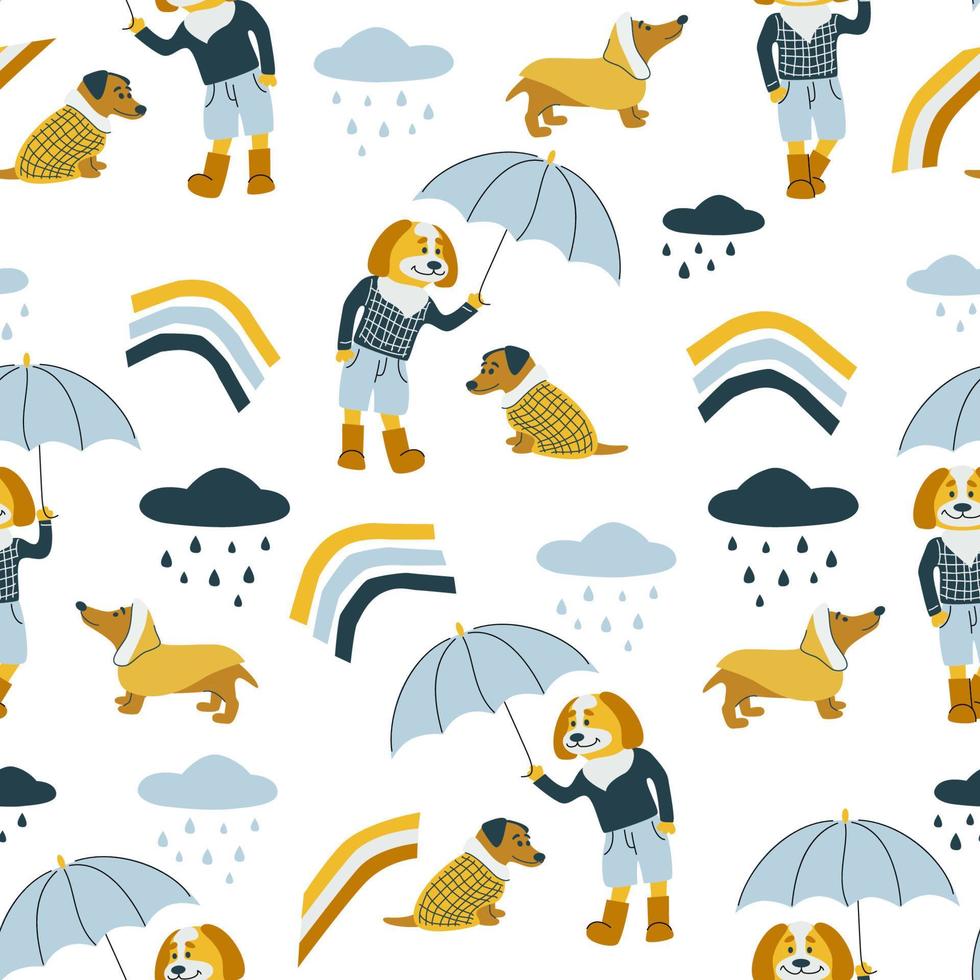 padrão sem emenda de vetor com cães, guarda-chuva, gotas de chuva e arco-íris. clima de outono. cão segura guarda-chuva, ilustração vetorial de pano de cachorro