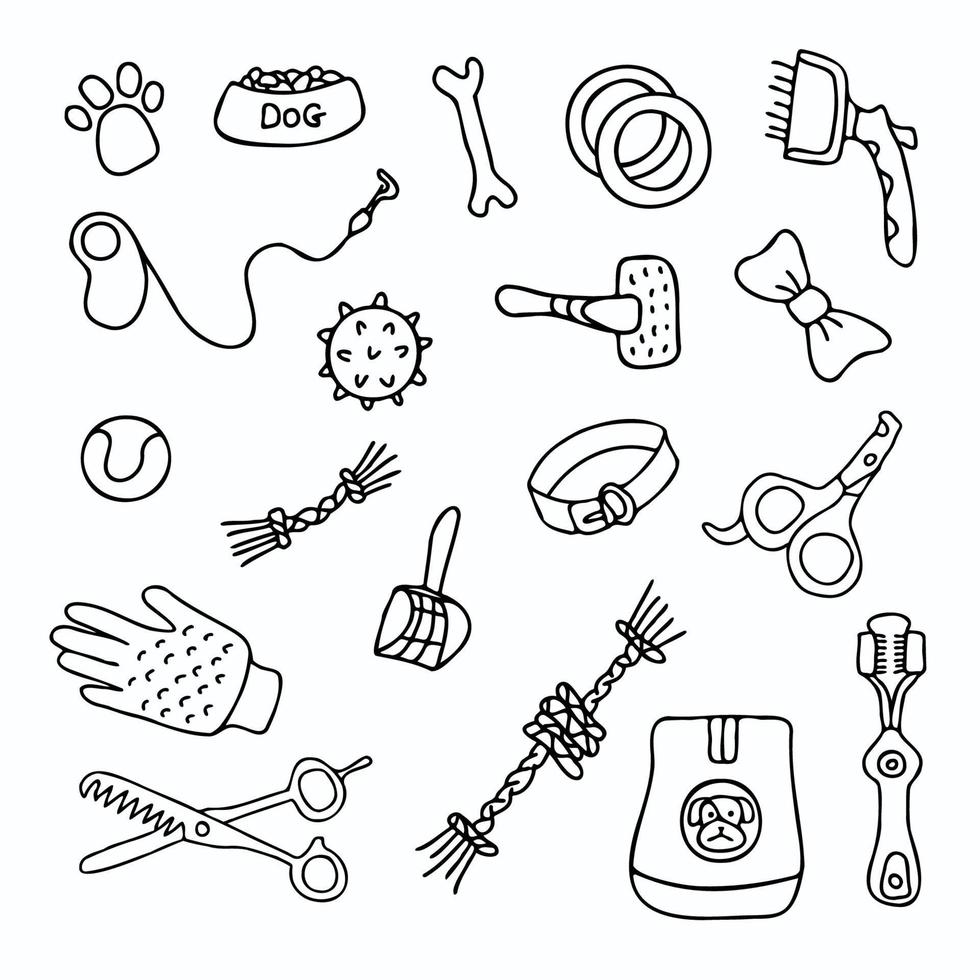 conjunto de acessórios de doodle de tinta desenhados à mão para cães. brinquedos de cachorro, tesoura, pente, comida, bolas, osso, pata, colher, ilustração vetorial de trela vetor