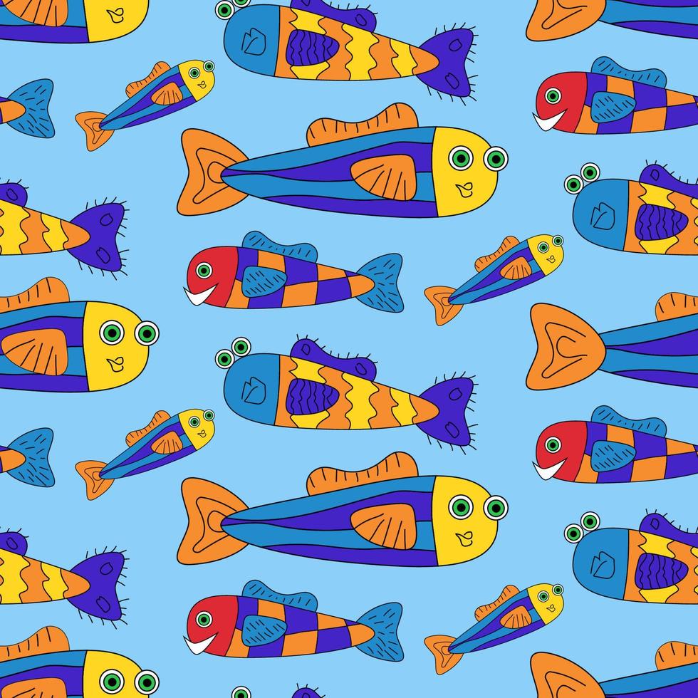 padrão de vetor sem costura de peixe engraçado colorido dos desenhos animados