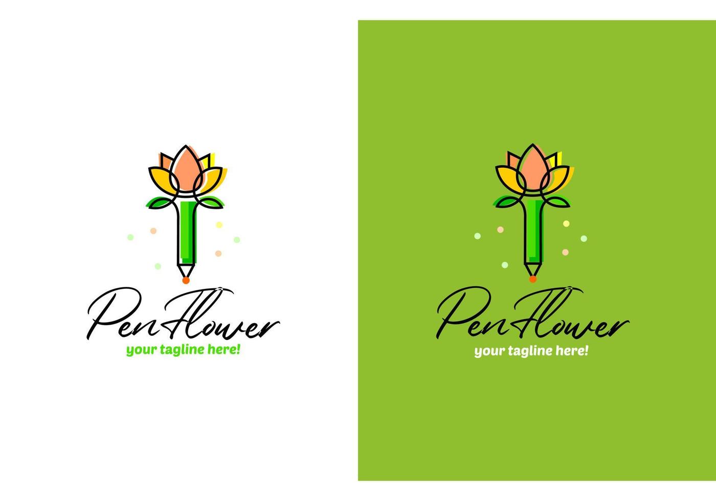 logotipo na forma de uma caneta para escrever e uma flor. logo para papelaria infantil vetor