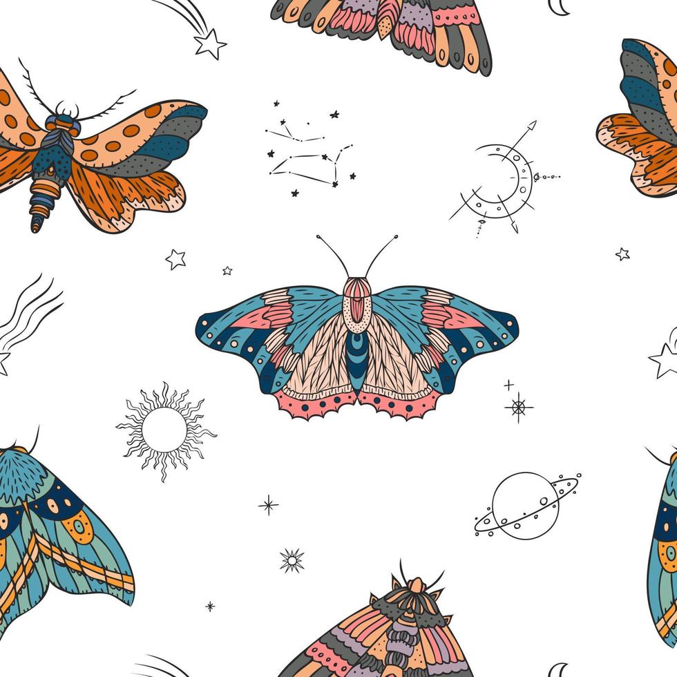 mariposa, símbolos do padrão sem emenda de vetor de céu, sol e lua. ilustração de natureza borboleta à noite. fundo de inseto boho.