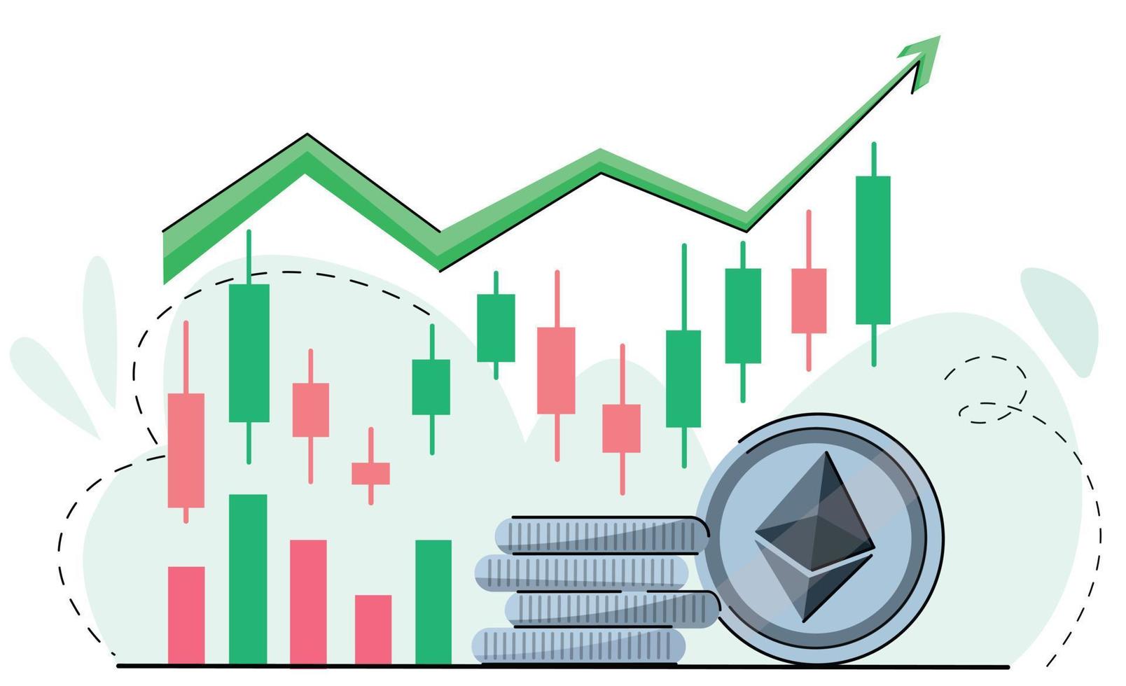 onda de alta cripto de tendência de crescimento do ethereum no mercado de criptomoedas. aumento do preço do éter, mercado em alta. boa tendência de crescimento. seta verde e moeda com logotipo. vetor isolado em branco