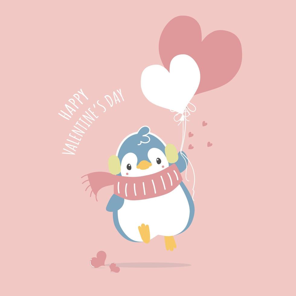 pinguim desenhado à mão bonito e adorável segurando balão de coração, feliz dia dos namorados, conceito de amor, ilustração vetorial plana design de figurino de personagem de desenho animado vetor