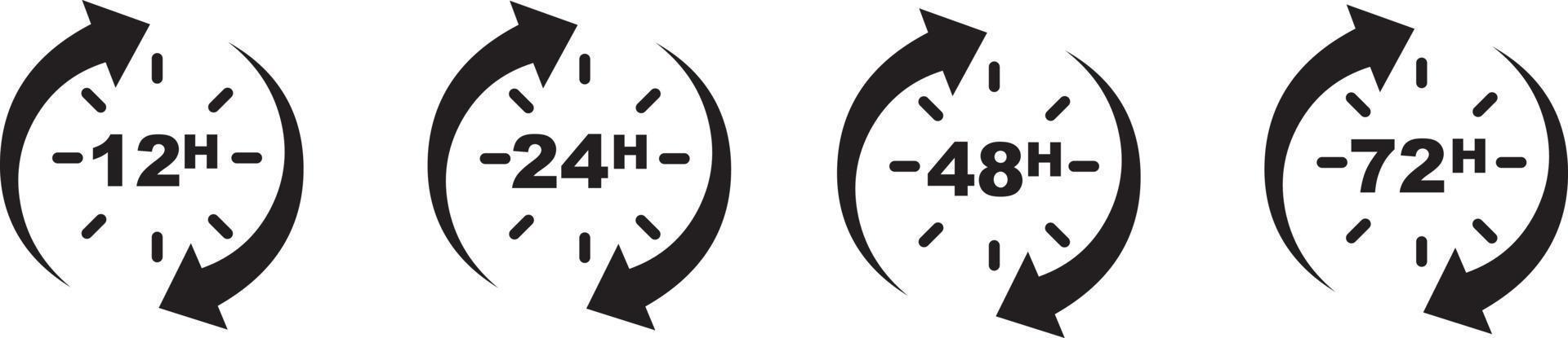 relógios de horas com seta. 12, 24, 48, 72 ícones de tempo de trabalho. hora de entrega e serviço. vetor