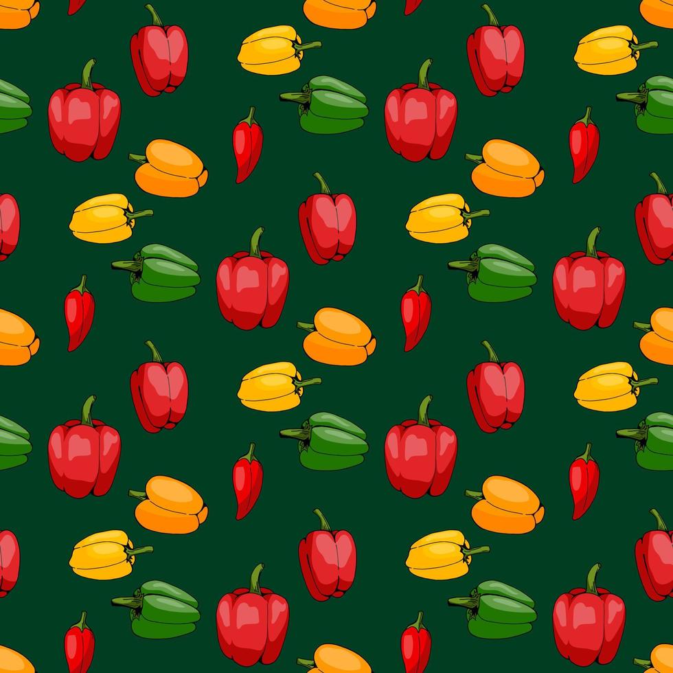 padrão sem costura com pimentas vermelhas, verdes, amarelas e laranja positivas elegantes em fundo verde escuro para tecido, têxtil, roupas, toalha de mesa e outras coisas. imagem vetorial. vetor
