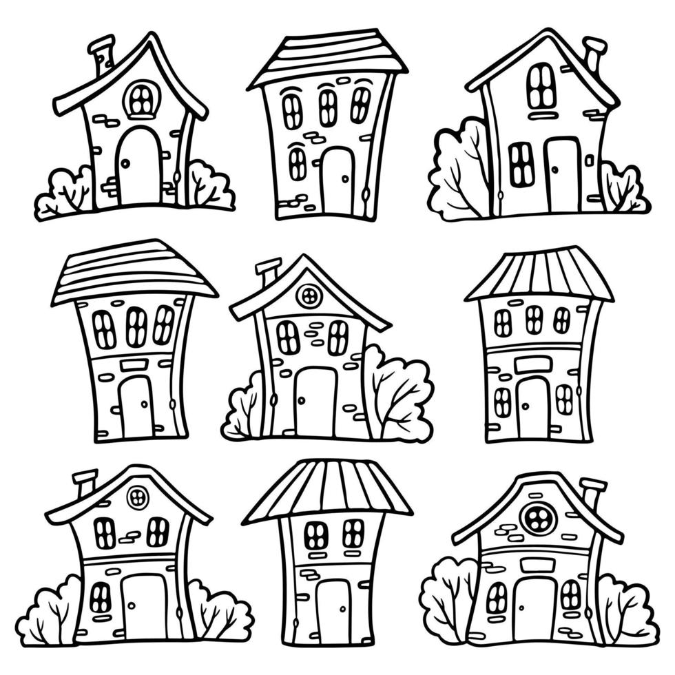 conjunto de ilustração vetorial doodle contorno desenhado à mão casas bonitos. estilo de desenho animado. para livros de colorir, tecido, design infantil vetor