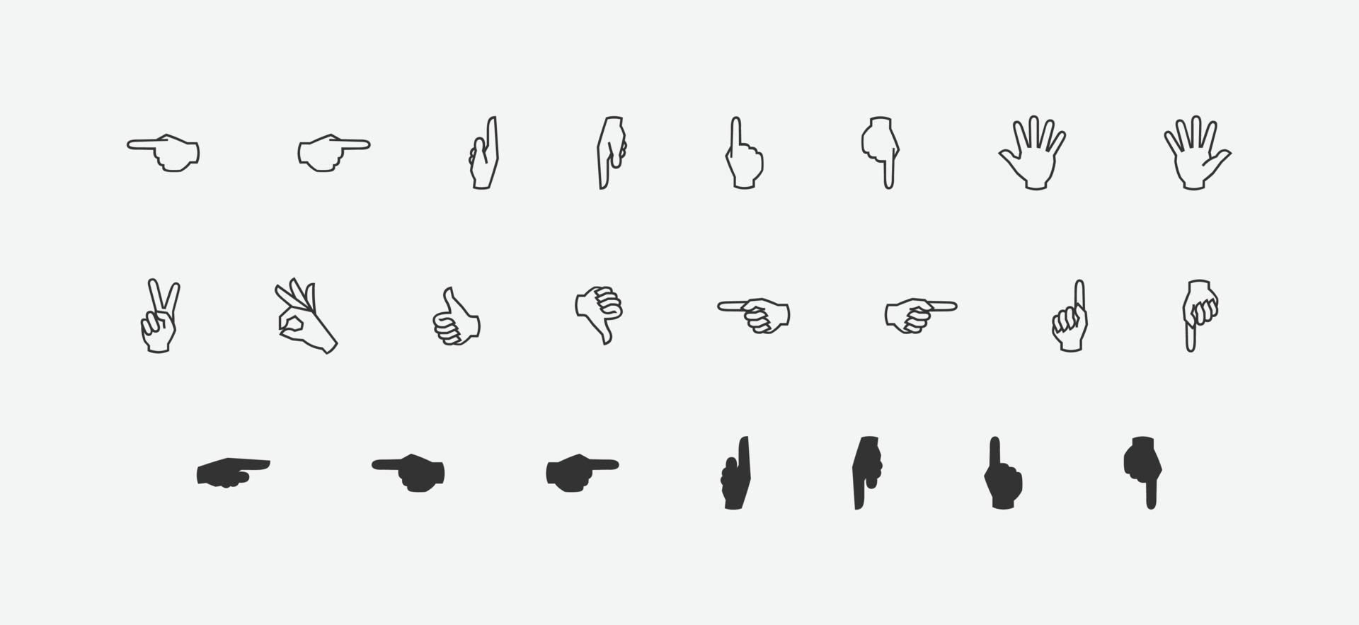 conjunto de ícones de linha de gestos de mão. ícone de dedos de ilustração vetorial com coleção de elementos de estilo plano diferente. vetor